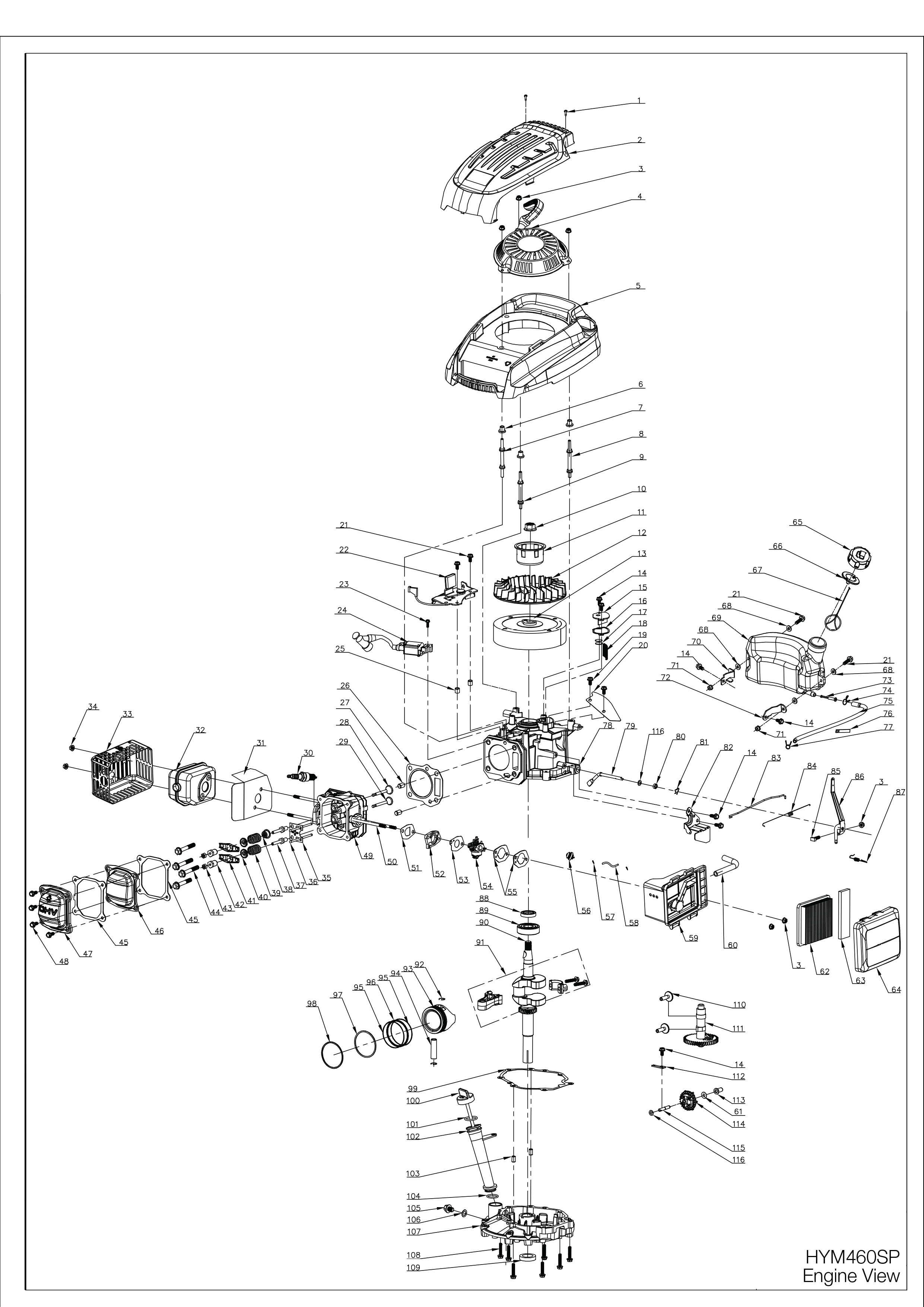 Exploded View Diagram for the HYM460SP IC140V Lawn Mower Engine Genpower